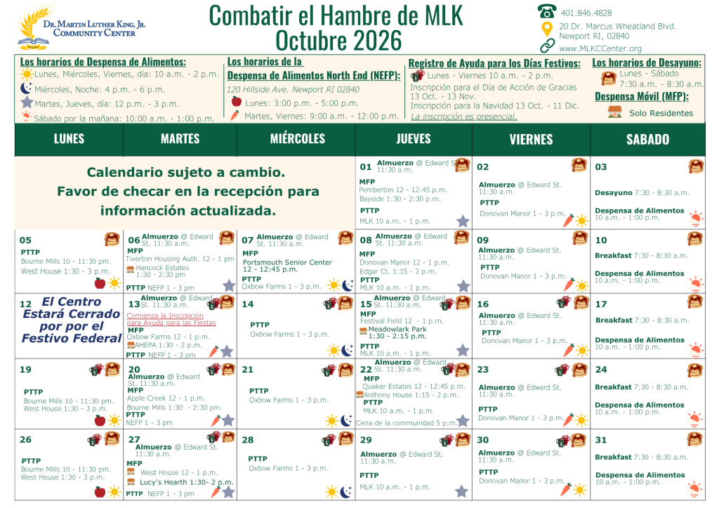 Oct. 2026 Hambre Spanish Calendar